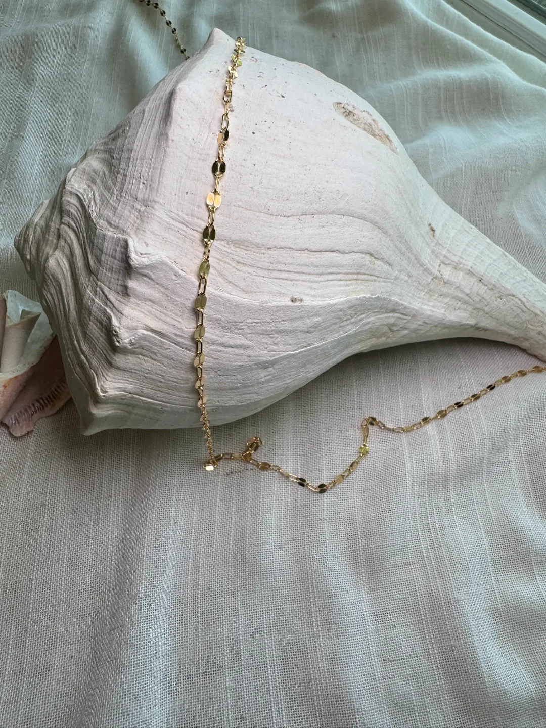 Bright gold mirror-link chain flowing over a large white conch shell
